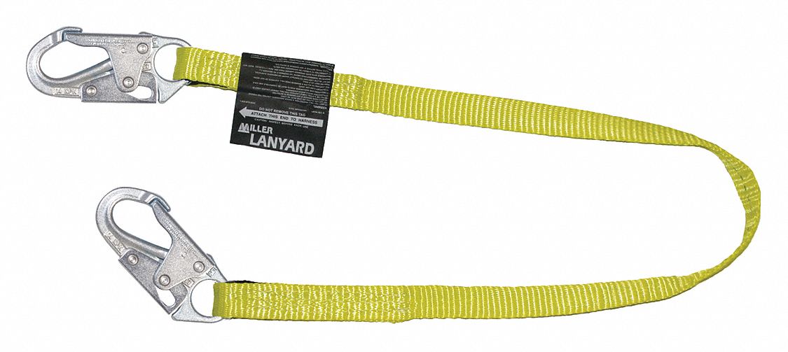 WIRE ROPE LANYARD, WITH LOCKING SNAP, 1 LEG, WEIGHT CAP 310 LBS, YELLOW, 1 IN, STEEL HARDWARE