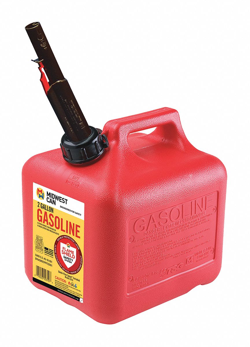 Gas Can,  HDPE,  2 gal Capacity,  9 3/4 in Height,  9 1/4 in Length,  7 3/4 in Width,  Self Venting