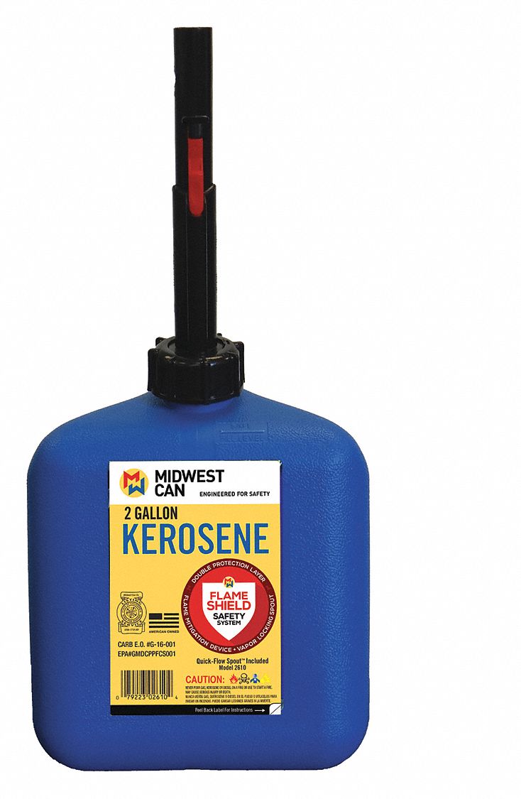 Kerosene Can,  HDPE,  2 gal Capacity,  9 3/4 in Height,  9 1/4 in Length,  7 3/4 in Width