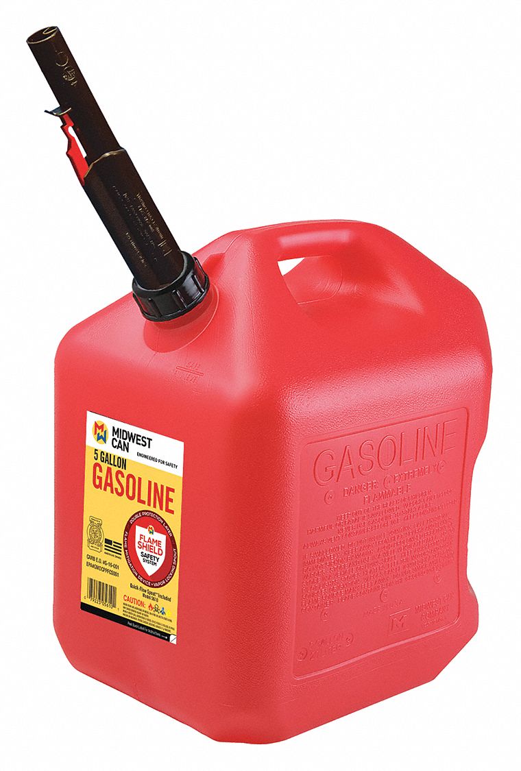 Gas Can,  HDPE,  5 gal Capacity,  14 1/2 in Height,  13 in Length,  10 in Width,  Self Venting