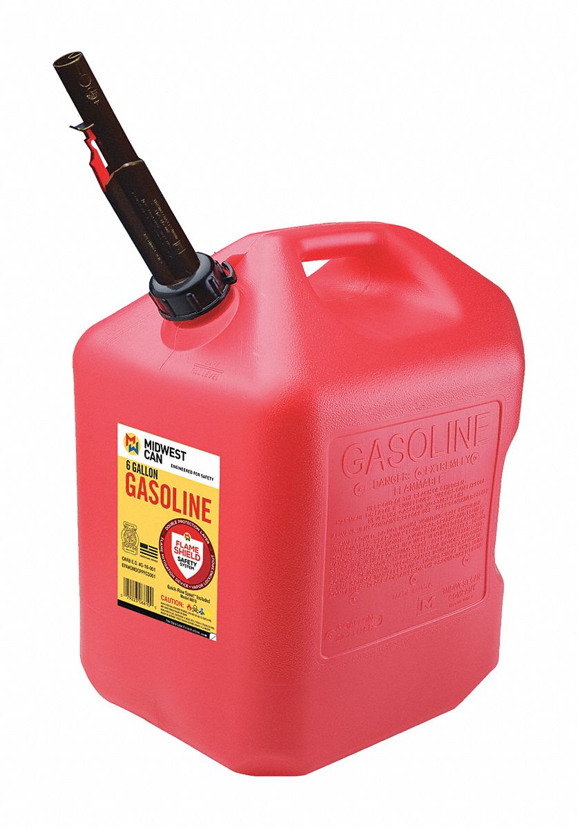 Gas Can,  HDPE,  6 gal Capacity,  16 1/16 in Height,  13 in Length,  10 in Width,  Self Venting