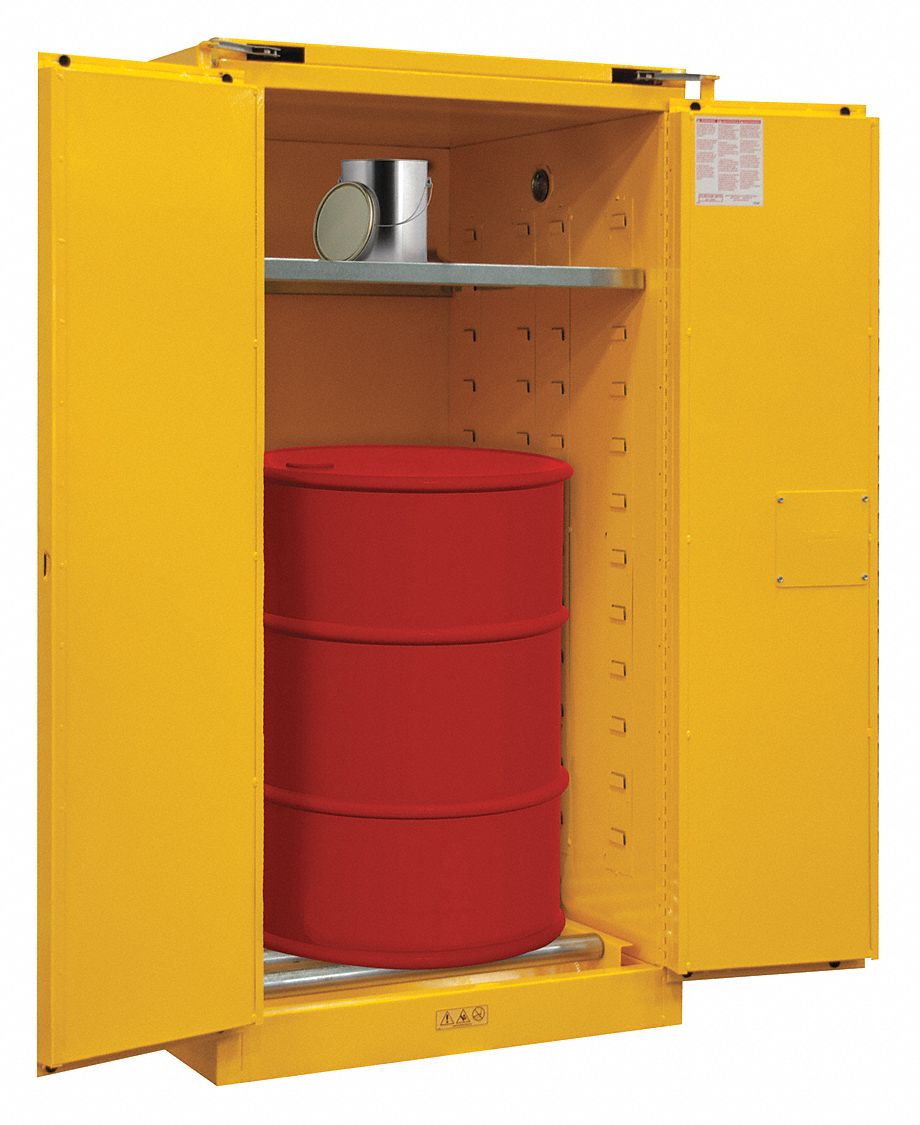 FLAMMABLES SAFETY CABINET, STANDARD, VERTICAL, 55 GAL, 1 DRUM CAPACITY, 34X34X66½ IN, YELLOW