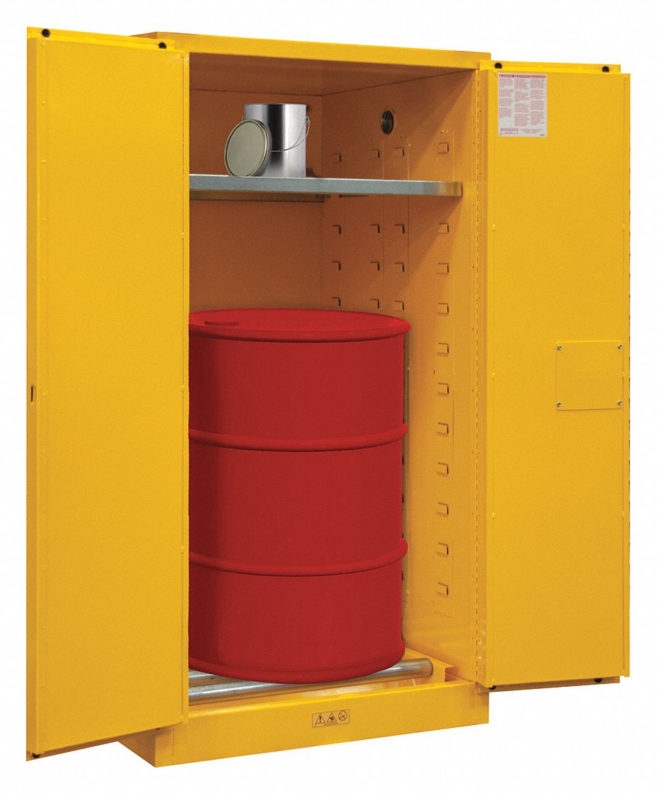 FLAMMABLES SAFETY CABINET, STANDARD, VERTICAL, 55 GAL, 1 DRUM CAPACITY, 34X34X65 IN, YELLOW