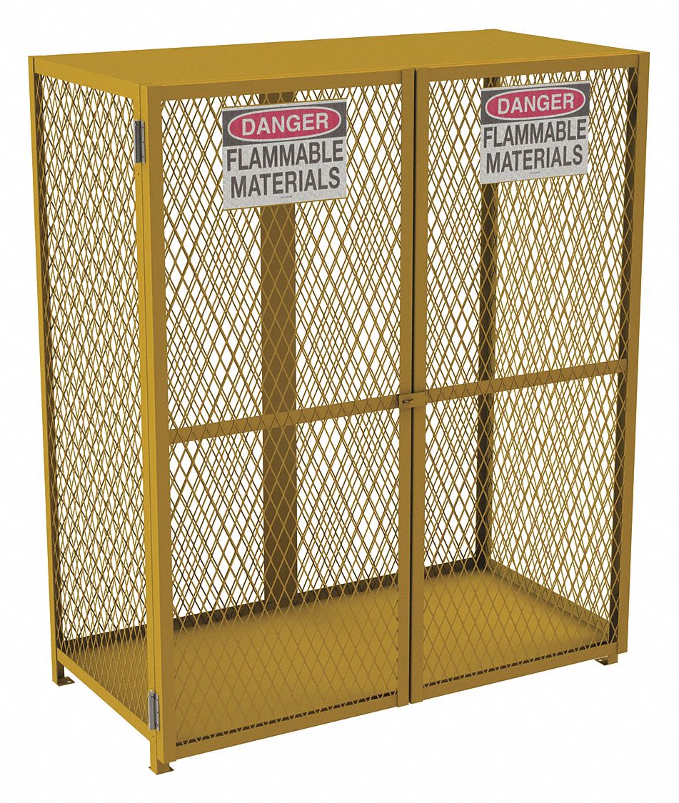 GAS CYLINDER CABINET, YELLOW, STEEL, NFPA 58, OSHA 1910.110, HINGED SELF-CLOSING, POWDER COATED