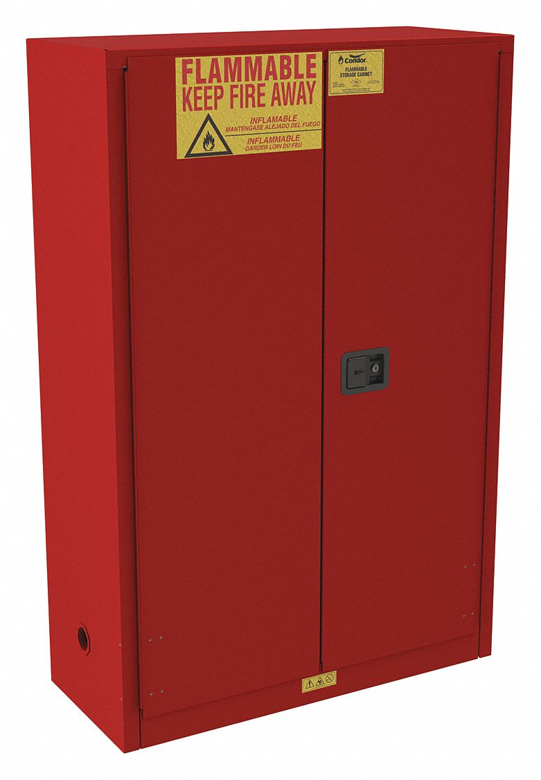 FLAMMABLES SAFETY CABINET, STANDARD, 45 GALLON, 43 X 18 X 66½ IN, RED, 2 SHELVES