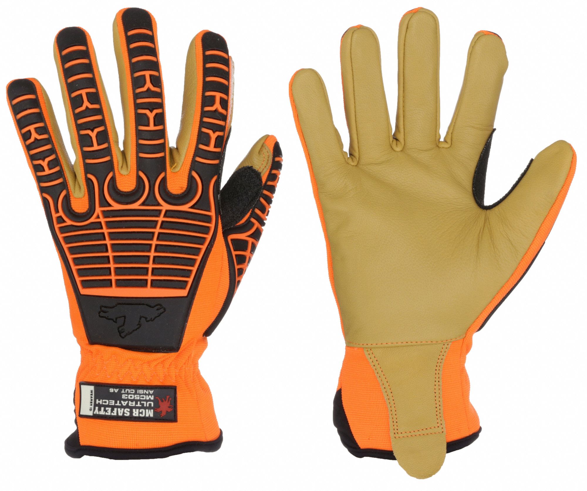 CUT RESISTANT GLOVES, ANSI 4/A5, SLIP ON CUFF, SIZE L/9, BLACK/ORANGE/TAN, GOAT LEATHER, PAIR