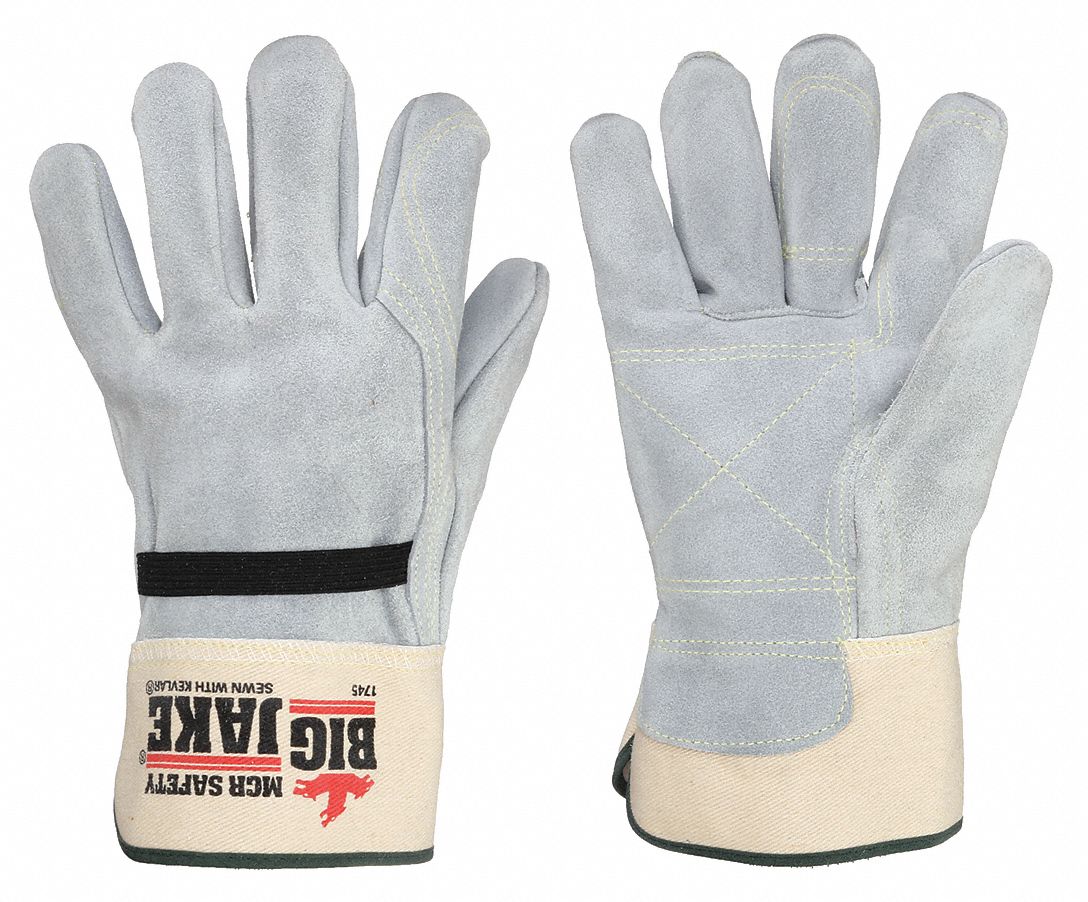 Leather Gloves: L ( 9 ), Work Glove, Includes Double Palm, Cowhide, Premium, Gray, 12 PK