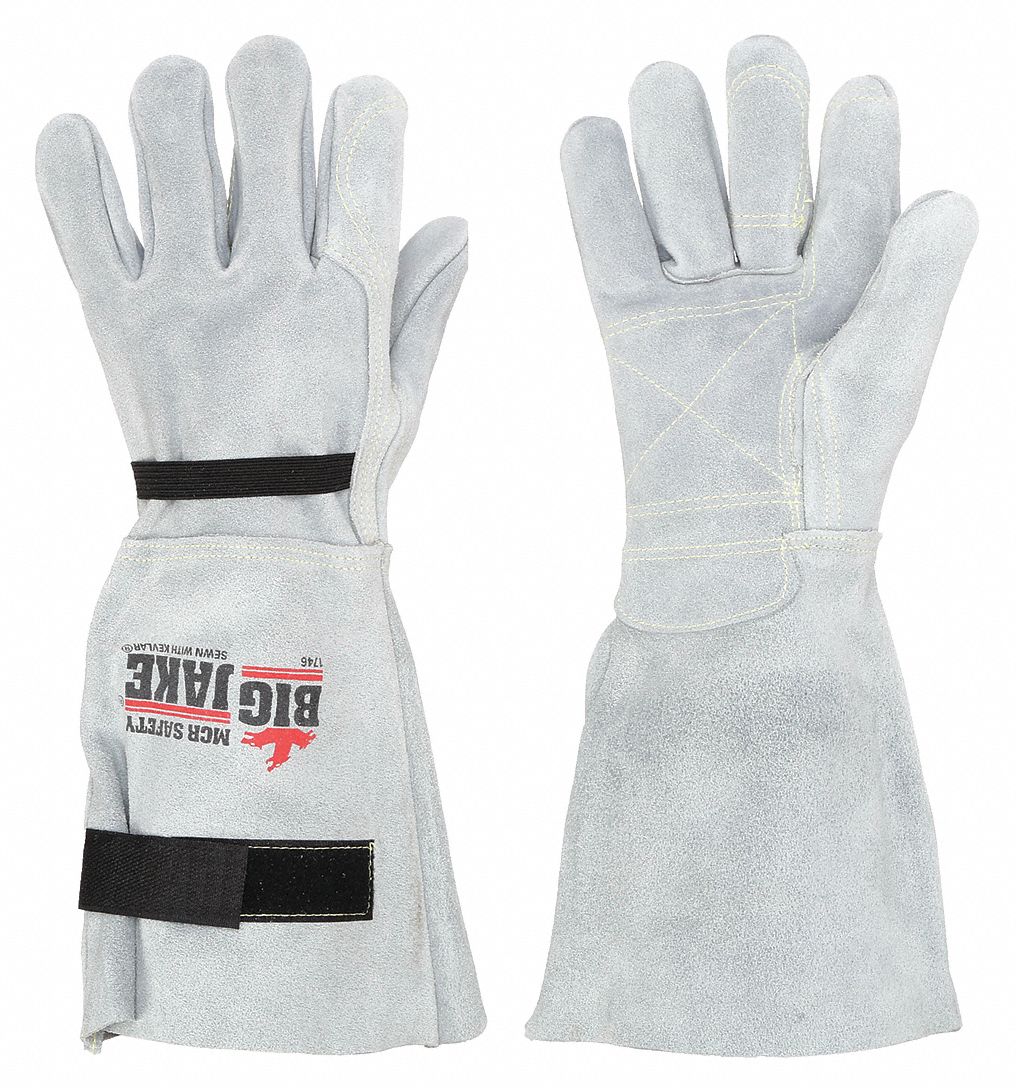 Leather Gloves: L ( 9 ), Work Glove, Includes Double Palm, Cowhide, Premium, Gray, 12 PK