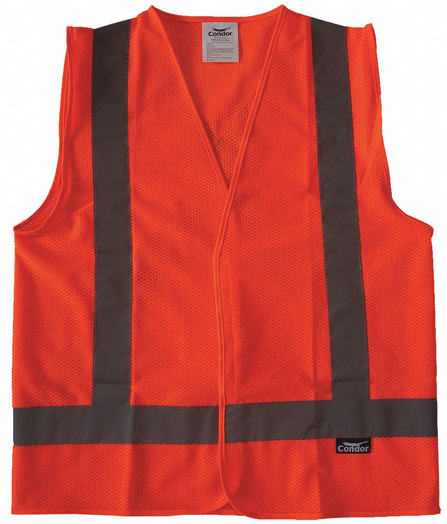 GILET HTE VISIBILITÉ,ANSI CLASSE 2,M,ORANGE,MAILLE POLYESTER,FERMETURE AUTOAGRIPPANTE,BANDE UNIQUE
