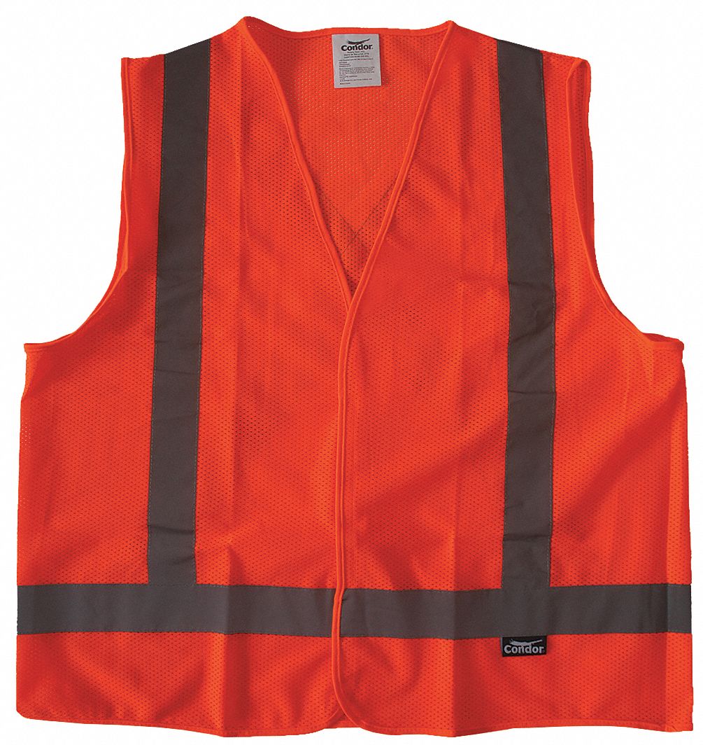 HI-VIS VEST, ANSI CLASS 2, XL, ORANGE, POLYESTER MESH, HOOK & LOOP, SINGLE STRIPE