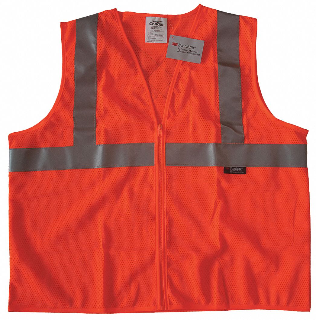 GILET HTE VISIBILITÉ,ANSI CLASSE 2,G,ORANGE,MAILLE POLYESTER,GLISSIÈRE,BANDE UNIQUE
