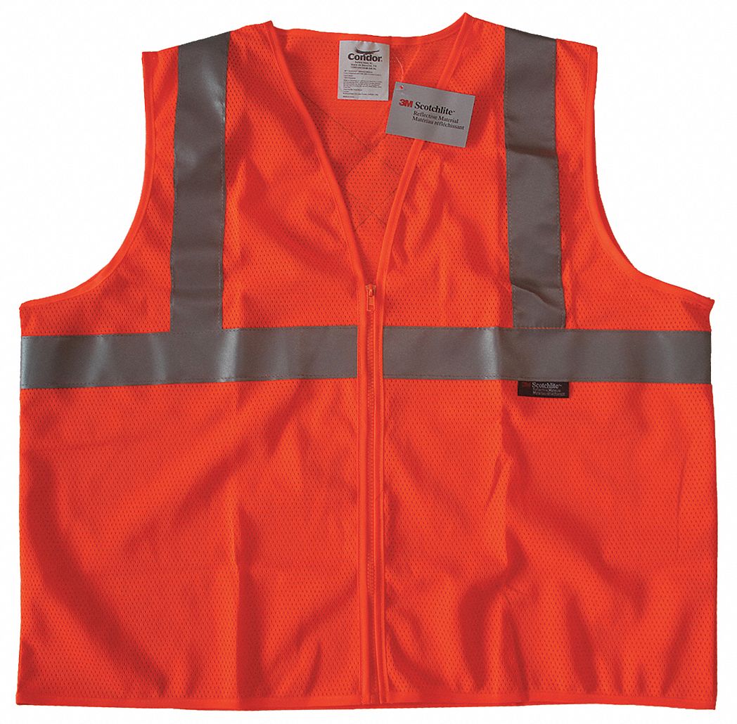 HI-VIS VEST, ANSI CLASS 2, 2XL, ORANGE, POLYESTER MESH, ZIPPER, SINGLE STRIPE