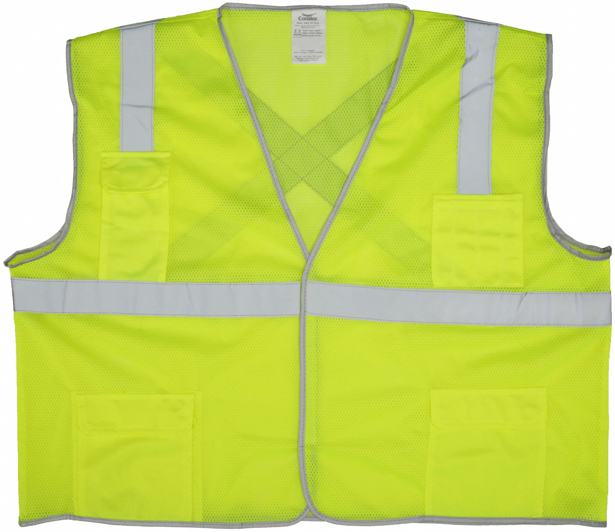 GILET HTE VISIBILITÉ,ANSI CLASSE 2,M,LIME,MAILLE POLYESTER,GLISSIÈRE,BANDE UNIQUE
