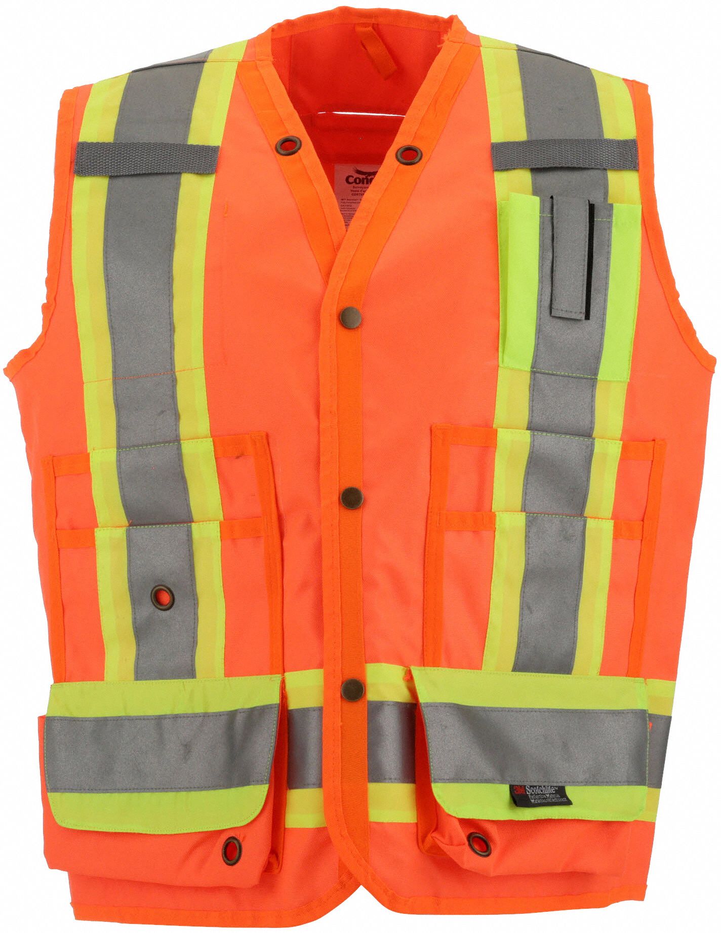 HI-VIS VEST, ANSI CLASS 2, XL, ORANGE, SOLID POLYESTER, SNAPS, CONTRASTING