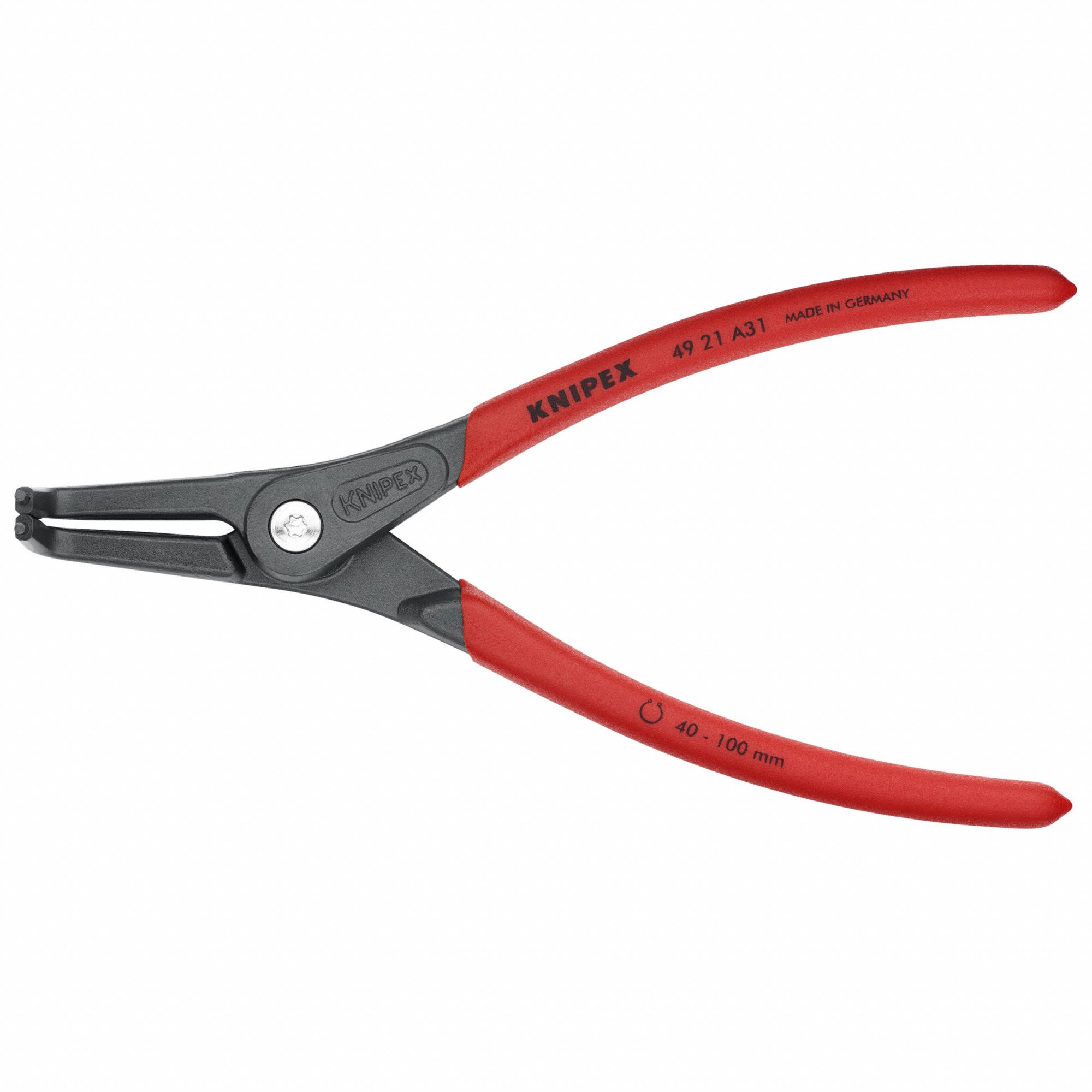 Retaining Ring Plier: External, For 40 mm to 100 mm Shaft Dia, 0.091 in Tip Dia, 8 1/4 in Overall Lg