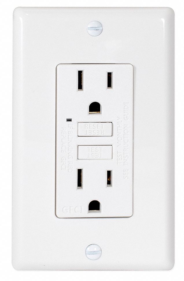 GFCI RECEPTACLE, DUPLEX, WHITE, 5-15R, 15 A, 125V AC, 2 POLE/3 WIRE, GEN USE