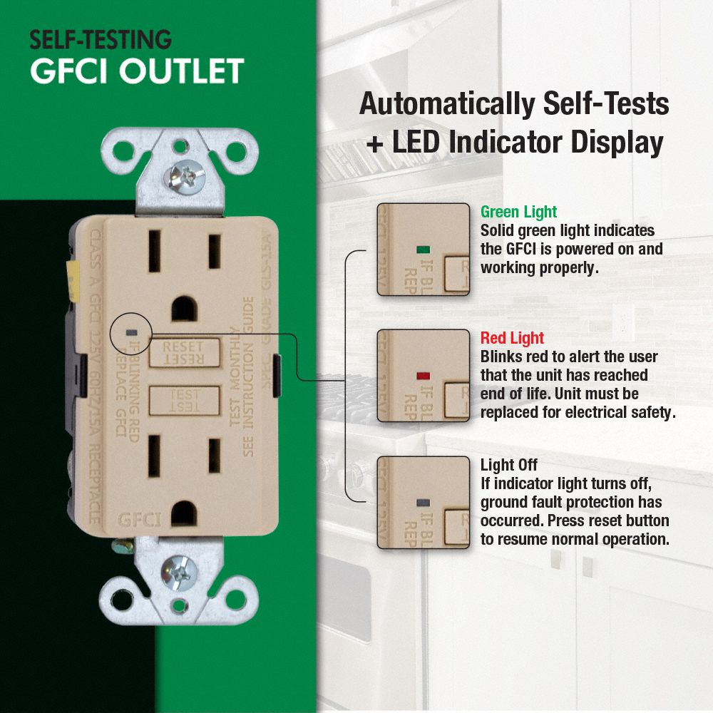 GRAINGER APPROVED 15 AA General Purpose GFCI Receptacle, Ivory; Tamper