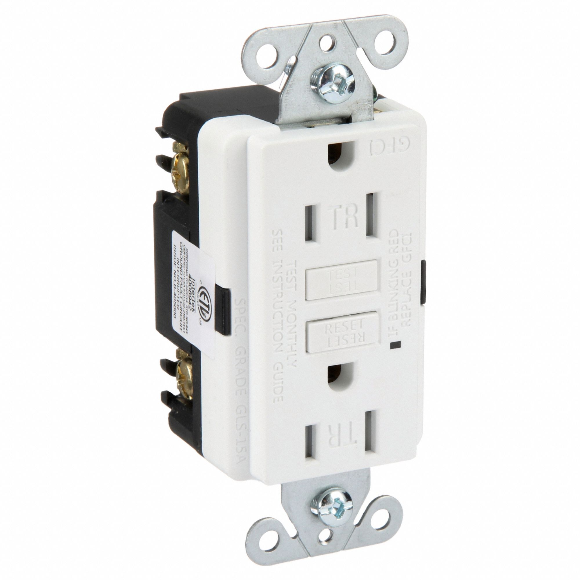GFCI Receptacle: Duplex, White, 5-15R, 15 A, 125V AC, 2 Pole / 3 Wire, Gen Use