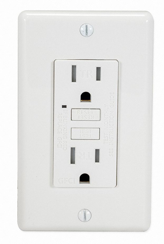 GFCI RECEPTACLE, DUPLEX, WHITE, 5-15R, 15 A, 125V AC, 2 POLE/3 WIRE, GEN USE