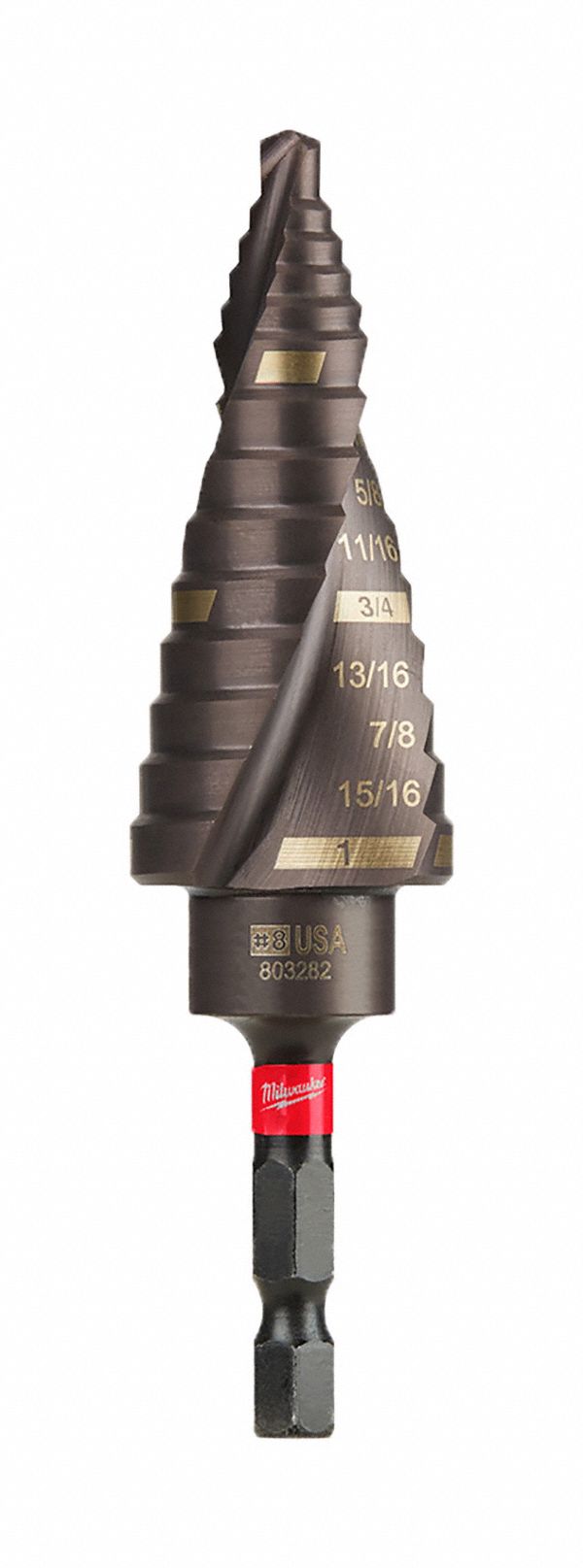 Step Drill Bit: 1/2" to 1", TiAlN-Coated HSS, Impact Rated, Quick-Change Hex Shank