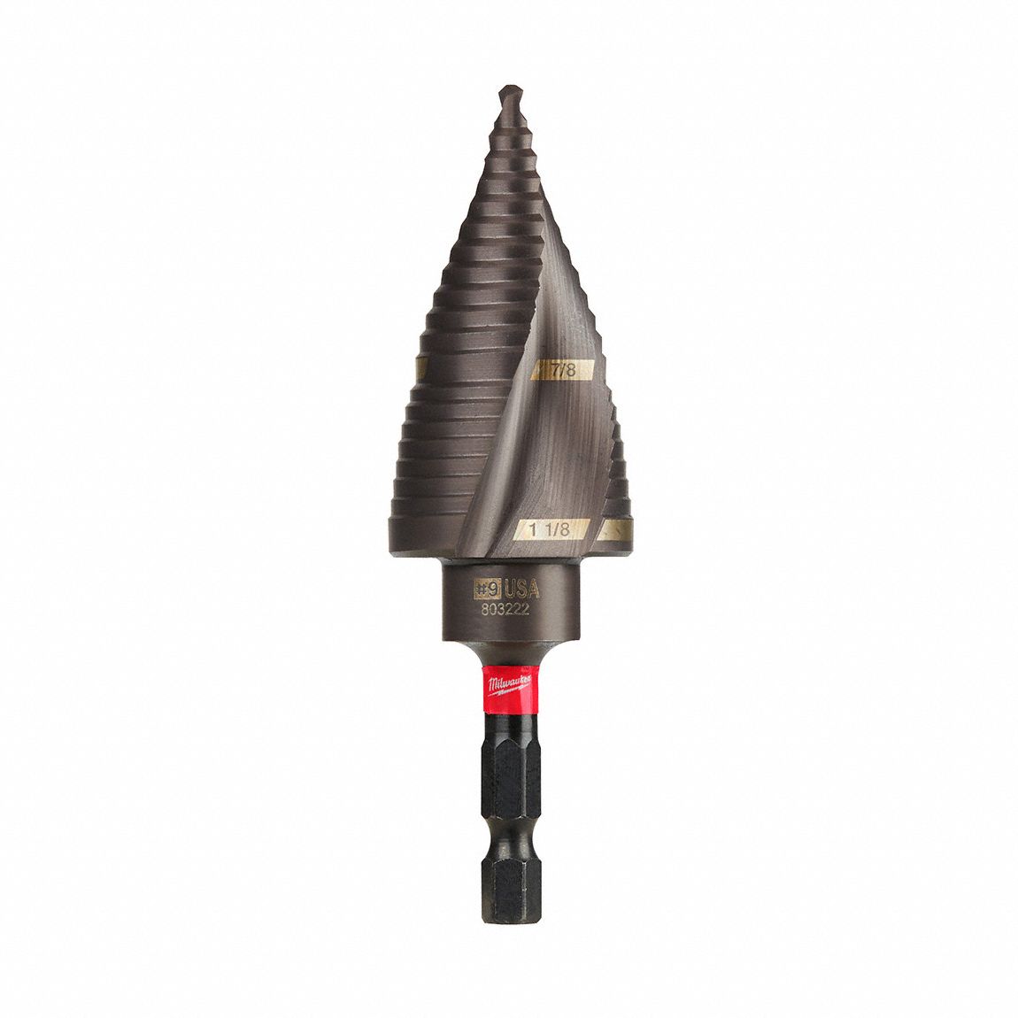 Step Drill Bit: 7/8" to 1-1/8", TiAlN-Coated HSS, Impact Rated, Quick-Change Hex Shank