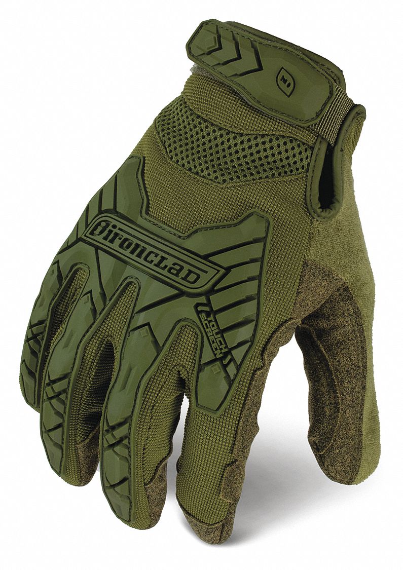 GLOVES, TACTICAL GRIP, IMPACT RESIST, TOUCHSCREEN, FULL FINGER, XL/10, OD GRN, NYLON/POLYESTER/TPR