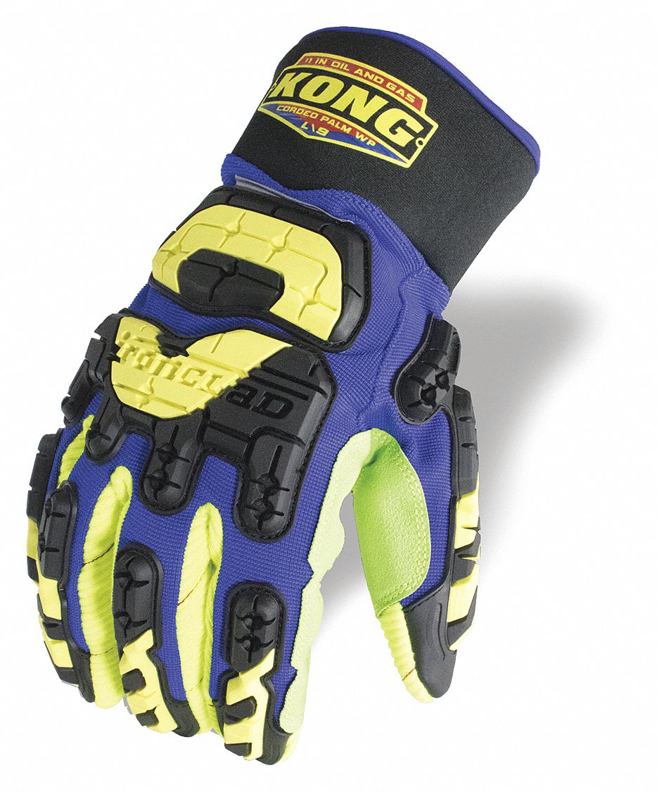 GLOVES, WATERPROOF, IMPACT RESIST, FULL FINGER, M/8, BLUE/HI-VIS YELLOW, POLYESTER/NYLON/TPR