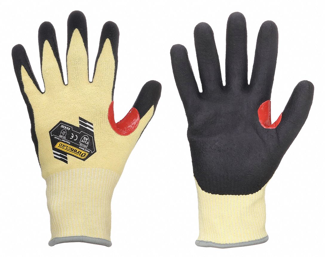 CUT-RESISTANT GLOVES, SIZE L(9), 10 3/4 IN LENGTH, YELLOW/BLACK, KEVLAR/NITRILE, KNIT CUFF, PAIR