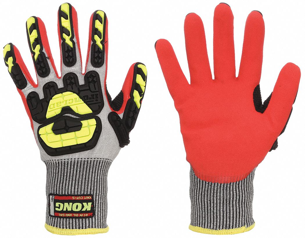 GLOVES, HIGH DEXTERITY, IMPACT RESISTANT, KNIT CUT, FULL FINGER, SLIP-ON, L/9, GREY/RED, HPPE/TPR