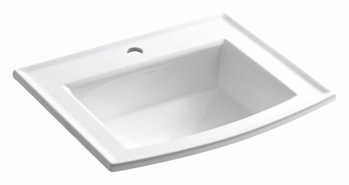 Bathroom Sink: White, Vitreous China, 22 5/8 in Overall Lg, 19 1/2 in Overall Wd, Single Hole