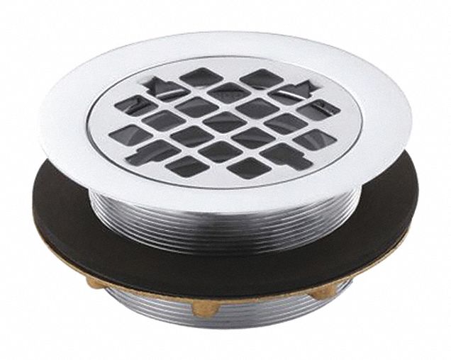 Shower Drain: 4 3/8 in Overall Dia, 2 in Overall Ht, 2 1/2 in Fits Max Drain Size, Brass