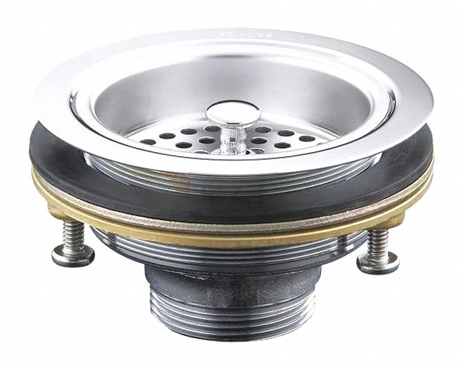 Strainer: 4 1/2 in Overall Dia, 2 7/8 in Overall Ht, 1 1/2 in Pipe Dia, Brass, Chrome