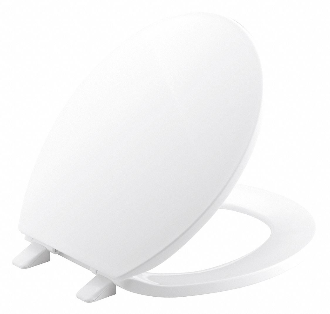 Toilet Seat: Closed, Cover Included, Plastic, External Check, 7/8 in Seat Ht, White, For Round Bowl