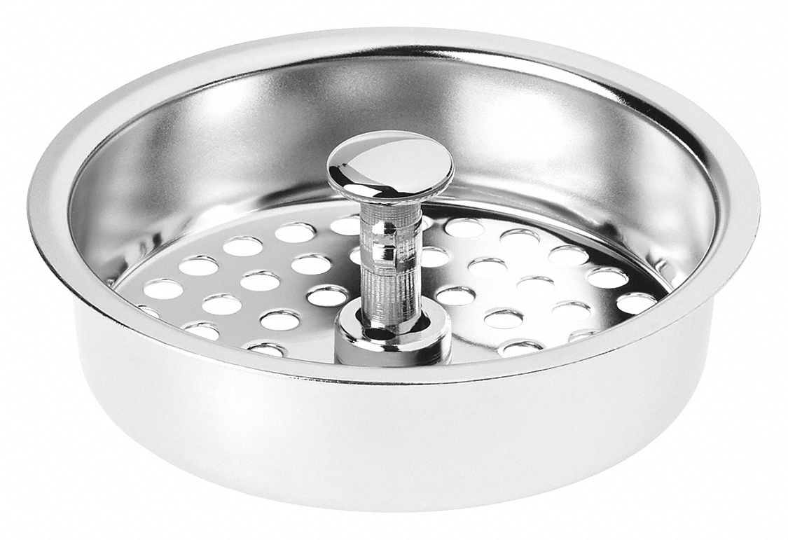 Strainer: 4 1/2 in Overall Dia, Stainless Steel, Chrome, Silver, Drop-In