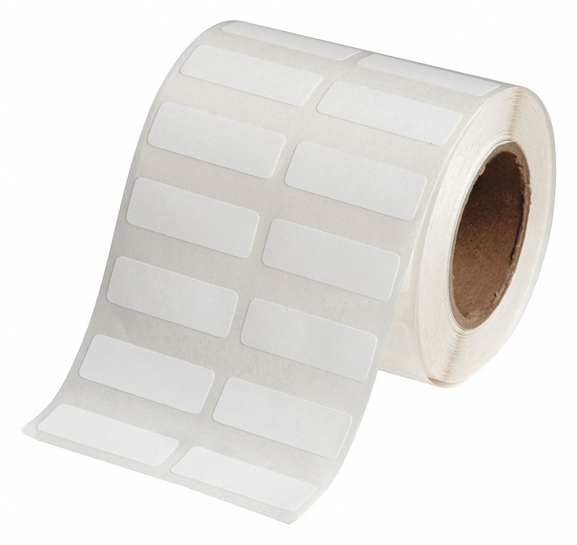 Pre-Cut Label Stock Roll: Rectangle, 1/2 in x 1 1/2 in, 1 1/2 in x 1/2 in, White, -112°F to 158°F