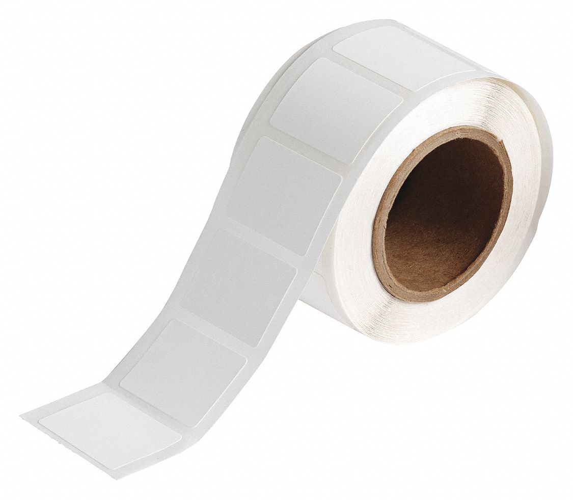 Pre-Cut Label Stock Roll: 1 in Label Ht, 1 1/2 in Label Wd, 1 in Roll Lg, White
