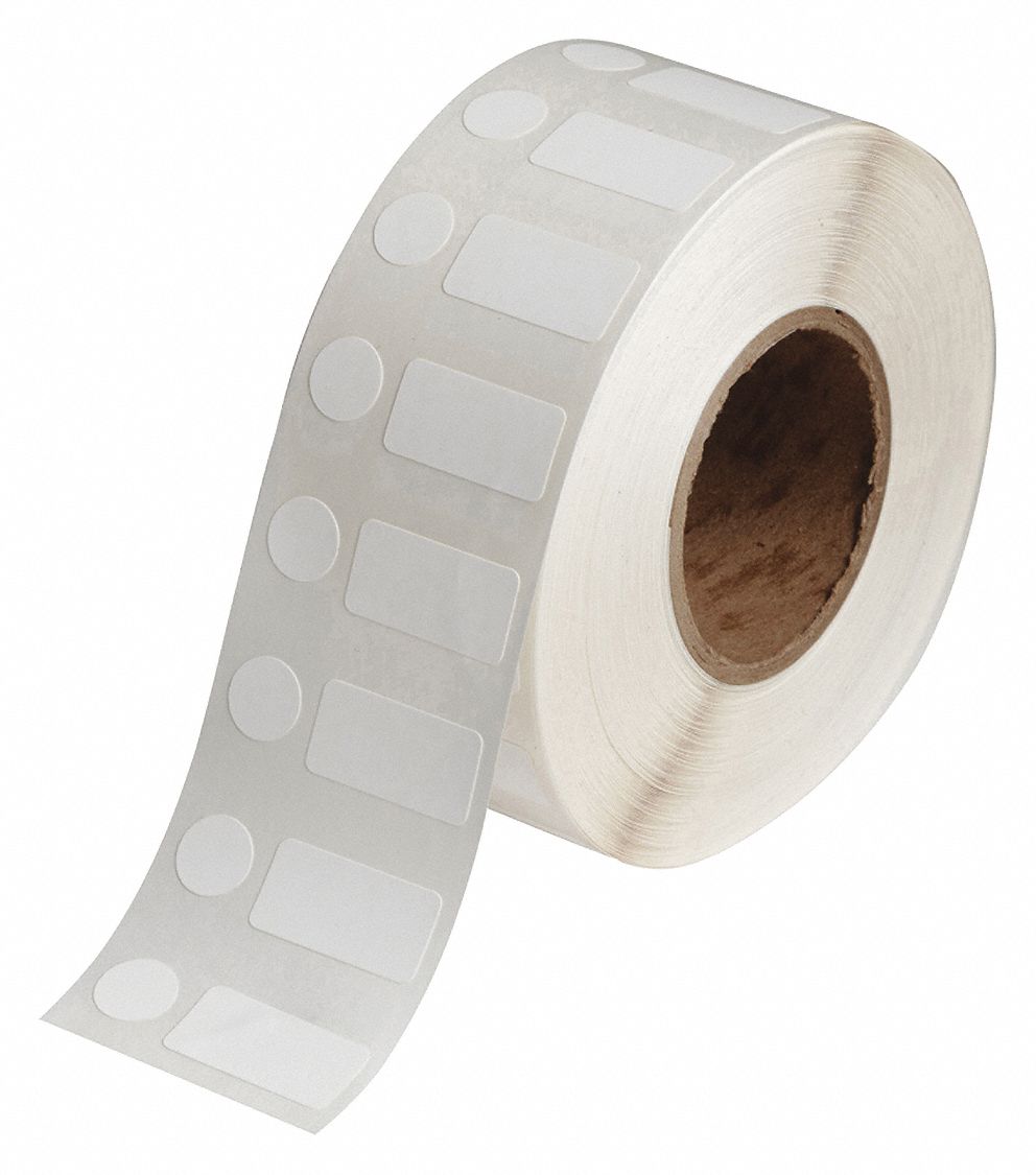 Pre-Cut Label Stock Roll: Circle/Rectangle, 1/2 in x 1 in, 1 in x 1/2 in, White, -112°F to 158°F