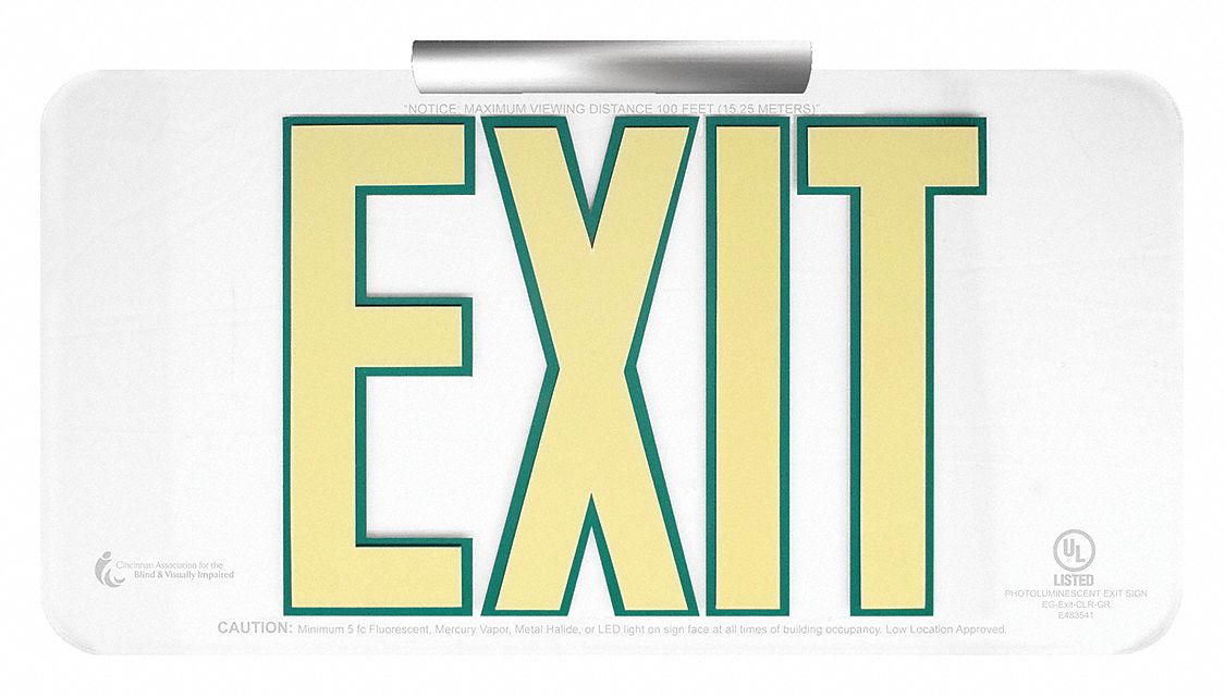 Photoluminescent Exit Sign with Universal Wall/Ceiling Mounting Kit: Plastic, Not Retroreflective