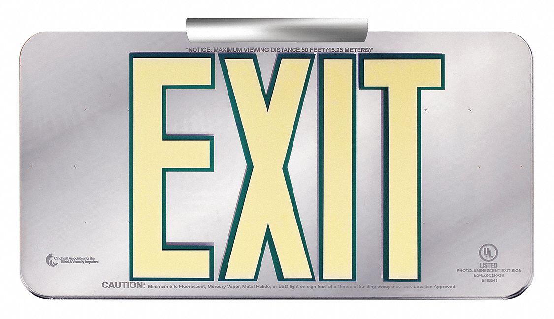 Photoluminescent Exit Sign with Universal Wall/Ceiling Mounting Kit: Plastic, Not Retroreflective
