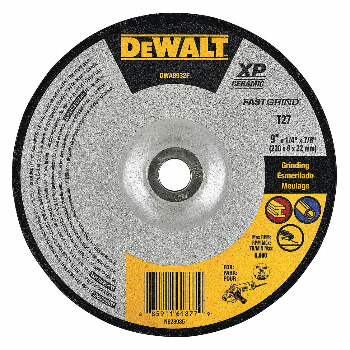 Dewalt 9 In Type 27 Ceramic Abrasive Cut Off Wheel 7 8 In Arbor Hole Size 0 25 In Thickness 493z96 Dwa32f Grainger
