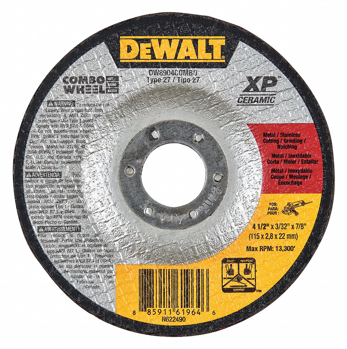 DEWALT Abrasive Cut-Off Wheel: 4 1/2 in Abrasive Wheel Dia, Ceramic, Type  27, 7/8 in Arbor Hole Size