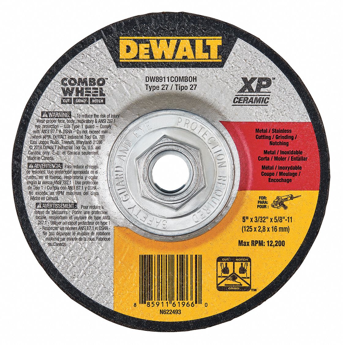 DEPRESSED CENTRE CUT-OFF WHEEL, TYPE 27, 5 IN X 3/32 IN X ⅝