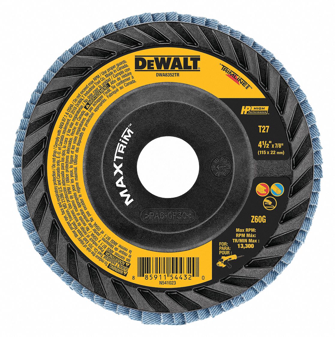 DEWALT Type 27, Flap Disc, Zirconia Alumina, 4 1/2 in Disc Diameter, 60 Abrasive Grit 494A04