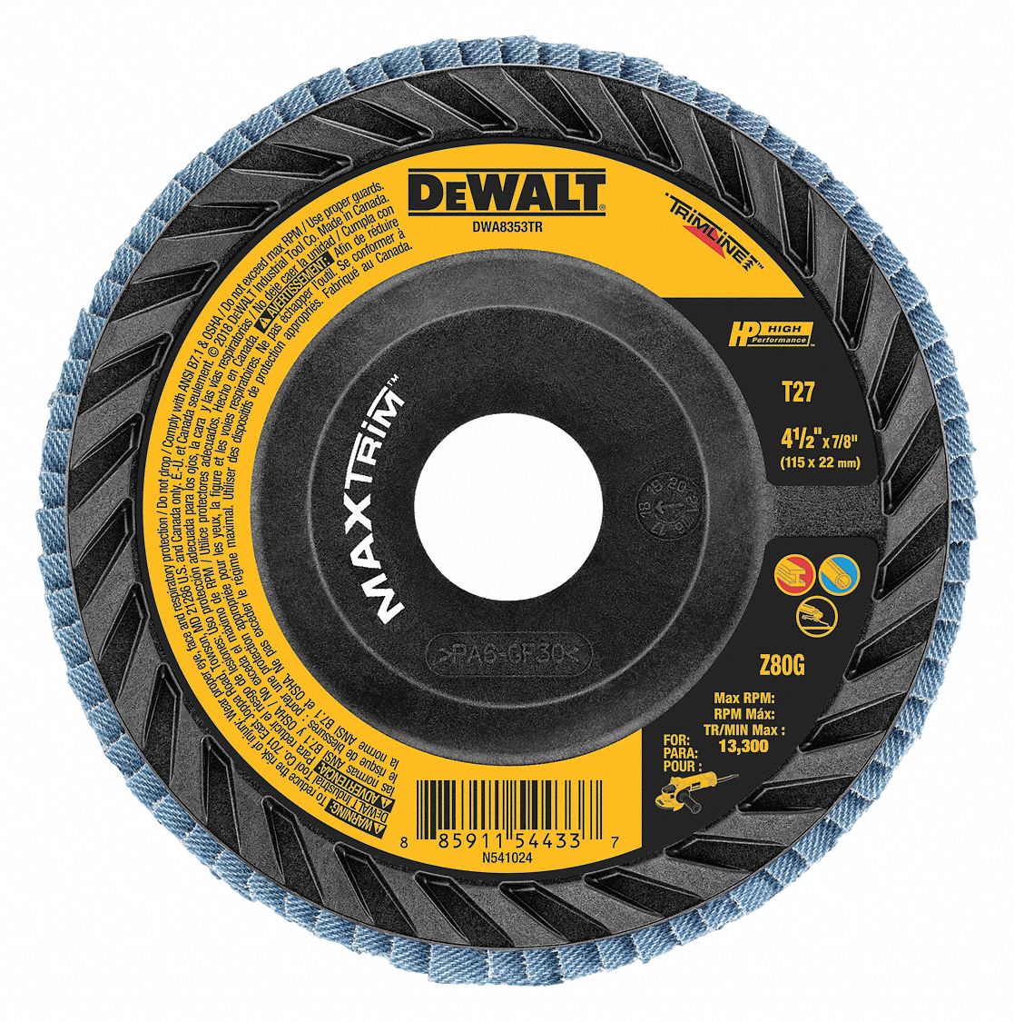 DEWALT Type 27, Flap Disc, Zirconia Alumina, 4 1/2 in Disc Diameter, 80 Abrasive Grit 494A05