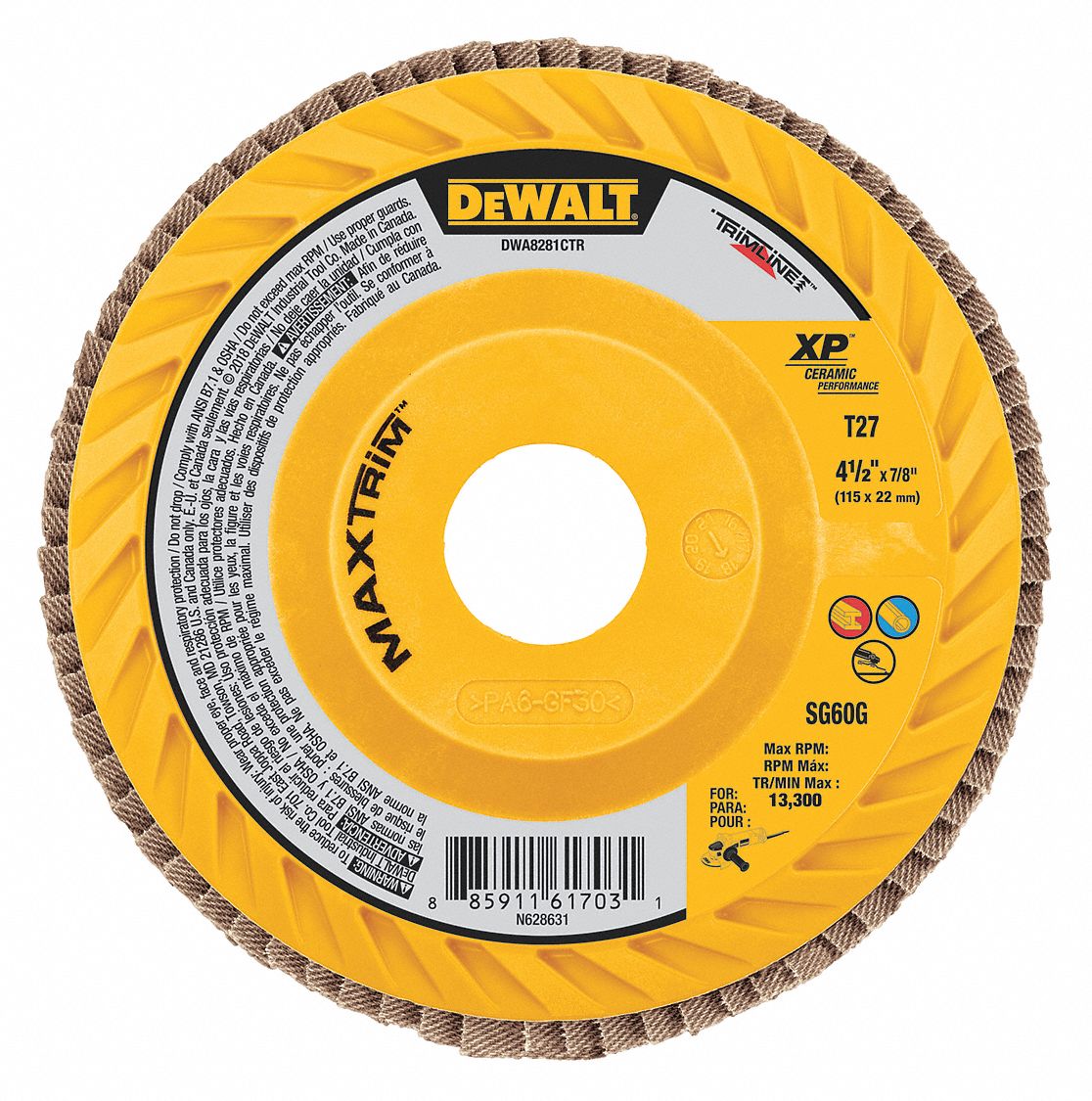 DEWALT Flap Disc 7/8 in Mounting Hole Size, 60 Abrasive Grit, Coarse, Ceramic, Plastic 494A13