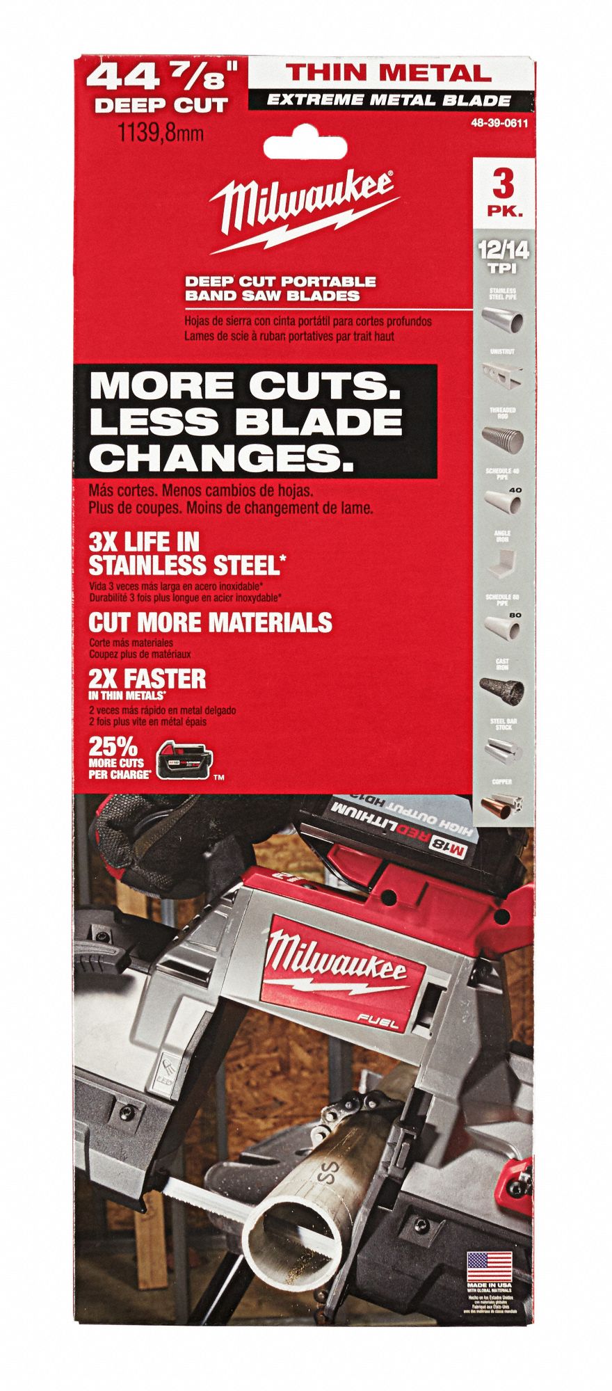 MILWAUKEE Portable Band Saw Blade Stainless Steel, 12/14, 1/2 in Blade Wd, Solid Stock, 3 PK
