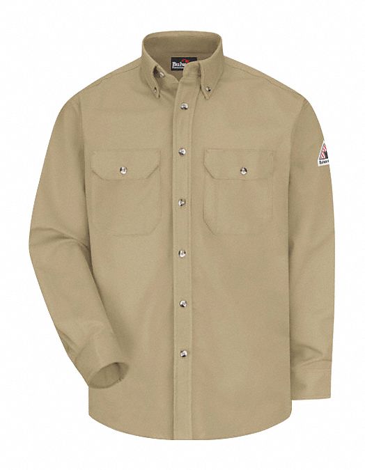 Flame-Resistant Collared Shirt: 8.6 cal/sq cm ATPV, Men's, Regular, 4XL, Long, Tan, Buttons