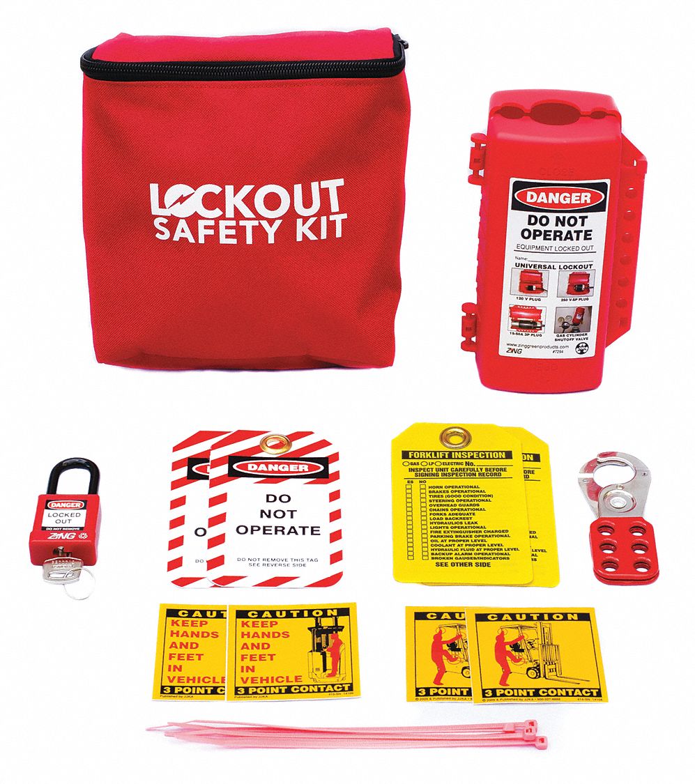 ZING Portable Lockout Kit, Filled, Electrical/Valve Lockout, Bag, Red