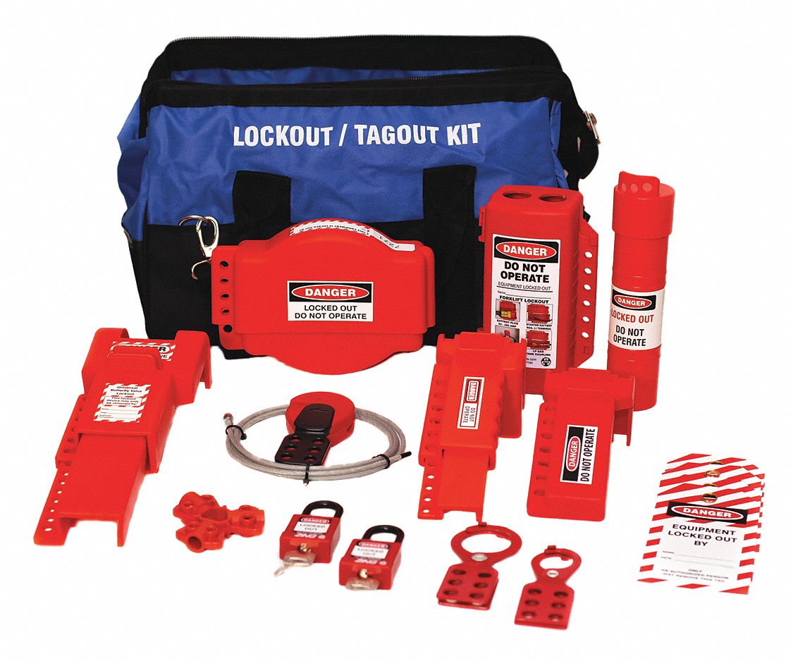ZING Portable Lockout Kit, Filled, Valve Lockout, Bag, Black, Blue, Red 494K587683 Grainger