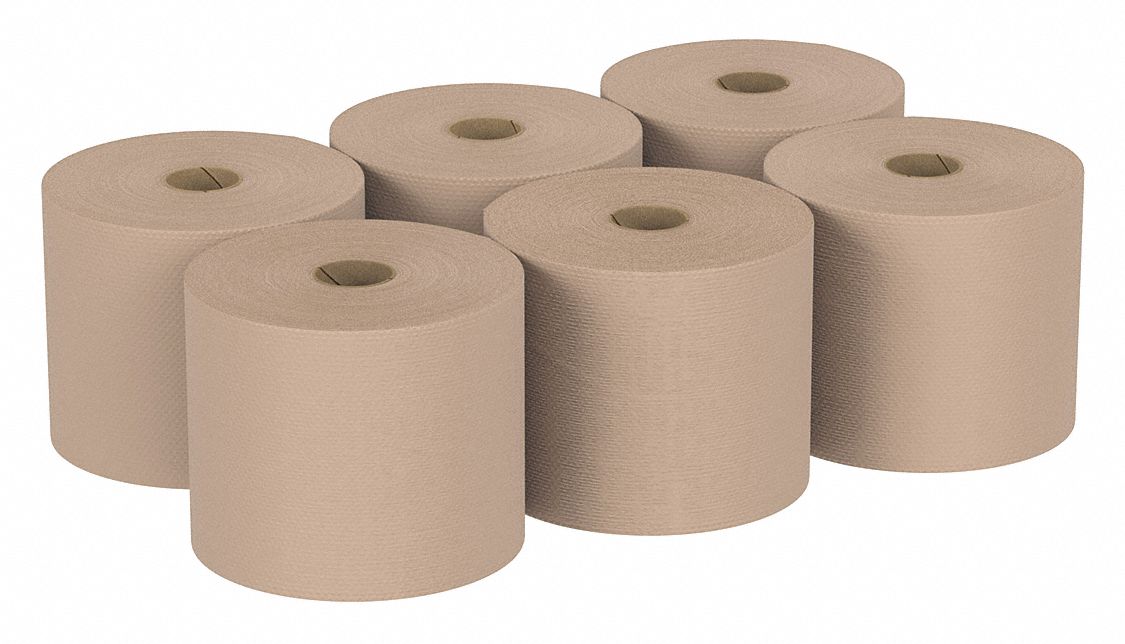 Paper Towel Roll: Brown, 8 in Roll Wd, 1, 000 ft Roll Lg, Continuous Sheet Lg, 6 PK